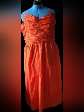 Ruched Bodice Orange Midi Dress with Spaghetti Straps w/Pockets
